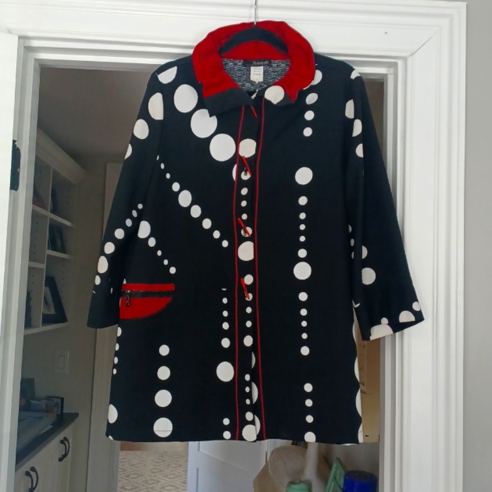 COPY - Sz L  super cute boutique coat. Black w/white polka dots..details!!